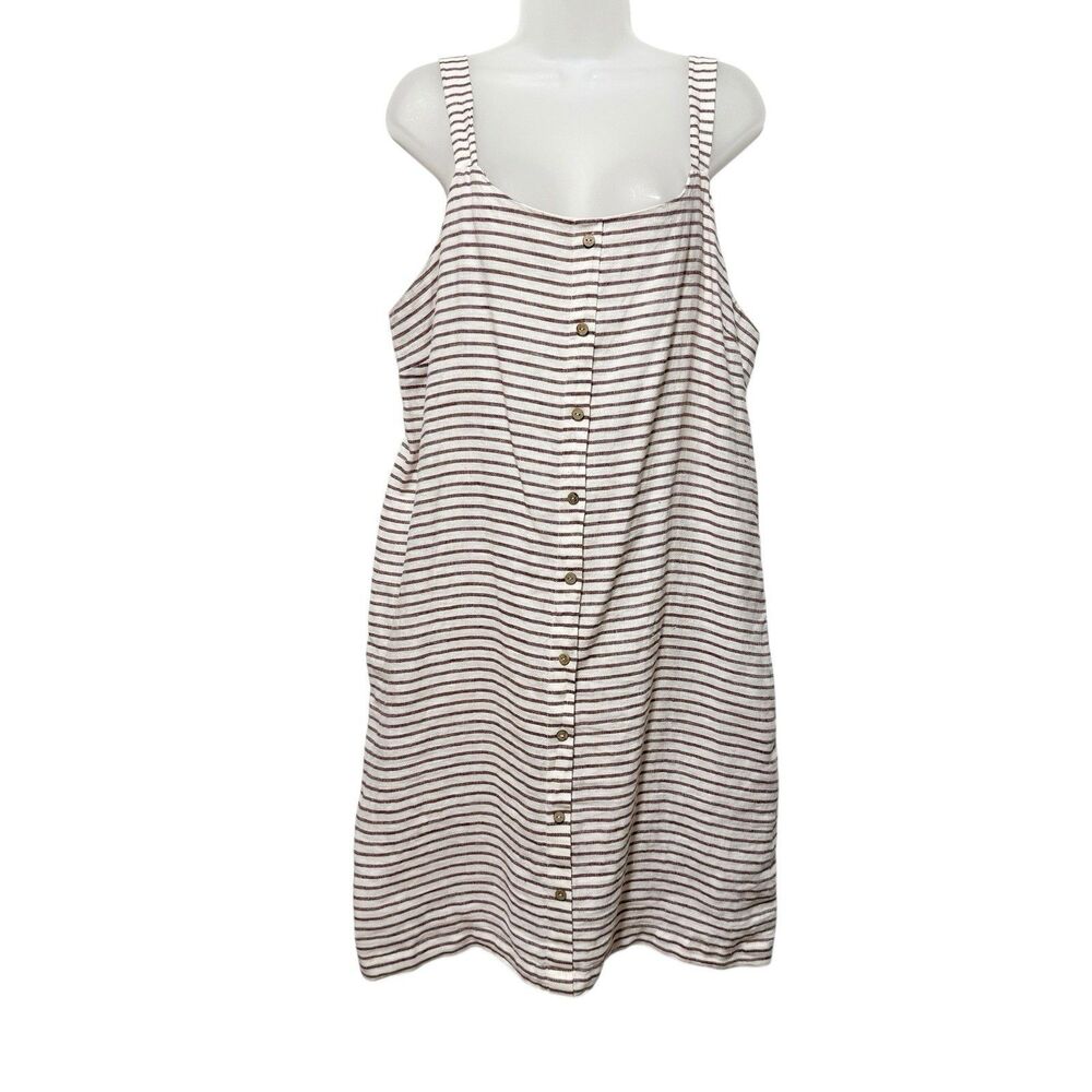 Artisany Linen Stripe Button Front Midi Dress Sleeveless Smocked Back Large NWT